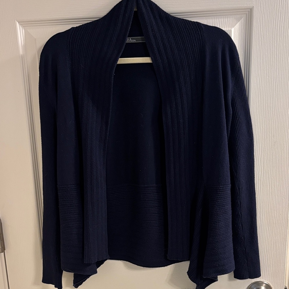 89th & Madison Navy Ribbed Shawl-Collar Open Cardigan